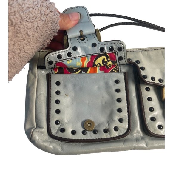 Kate Landry Leather Handbag Zipper Clutch Baby Blue Brown Stitch - Picture 3 of 8